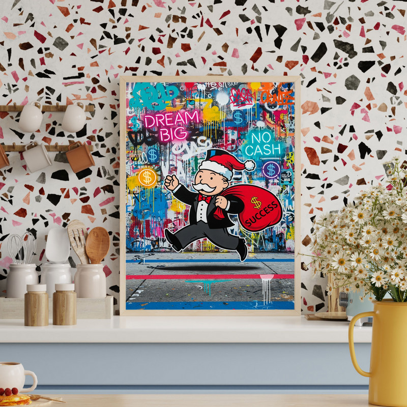 Santa hustle canvas wall art featuring the quote 'Dream Big, No Cash, All Success' in modern minimalist type for living rooms