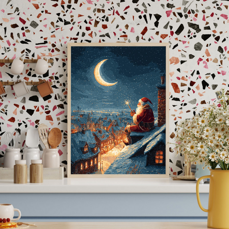Santa's rooftop magic Christmas night canvas wall art, starry sky over snowy houses as Santa readies gifts beside the chimney