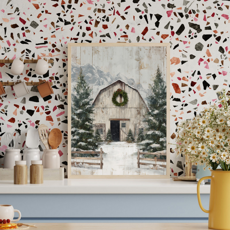 Rustic Christmas vintage barn canvas wall art for farmhouse entryway, winter holiday decor in timeless country-inspired look