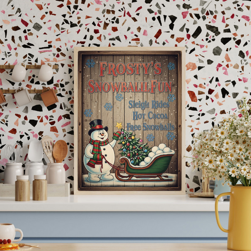 Vintage Frosty the Snowman canvas wall art in portrait orientation, muted pastels and snowy trees for cozy hallway decor