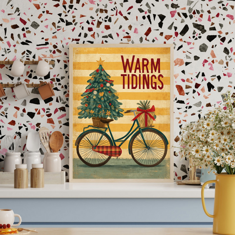 Christmas bicycle canvas wall art showcases a vintage green bike with a pine tree and garlands, rustic farmhouse style