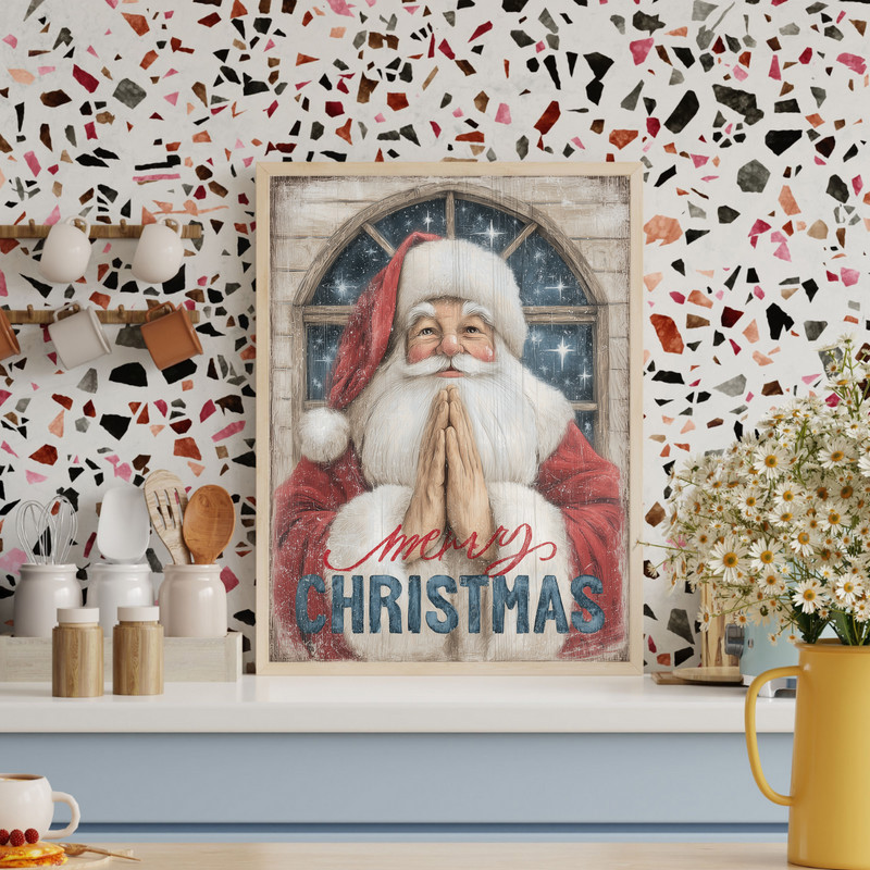 Whimsical Santa Christmas canvas wall art in cozy farmhouse design, vertical for entryway, warm neutrals and red accents
