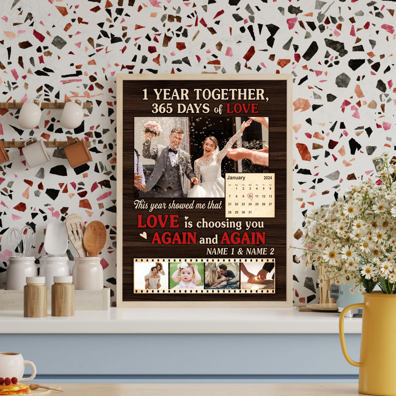 First-anniversary canvas wall art collage featuring personalized names, wedding date, and cherished photos, perfect gift