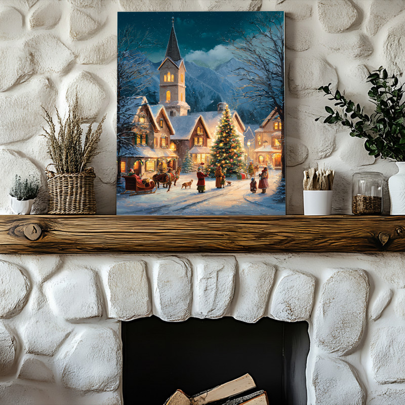 Magical Christmas night canvas wall art, snowy mountain skyline and starry sky, vertical portrait suited to hallway decor