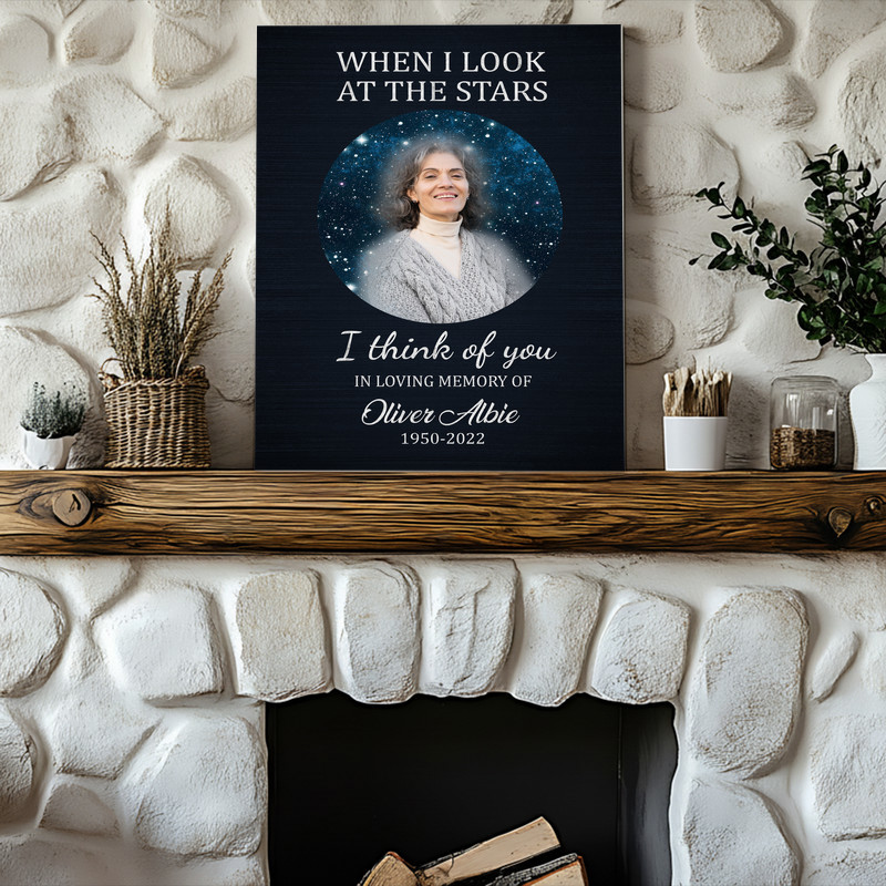 Mom tribute memorial canvas wall art with watercolor galaxy, personalized names and dates, square, blush and gold tones