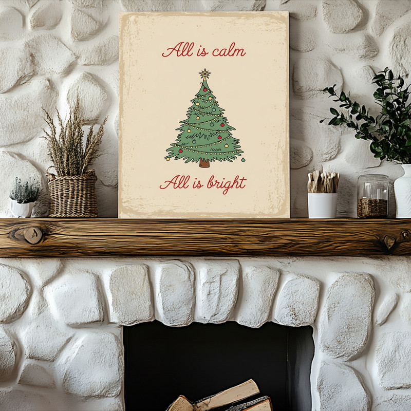 All Is Calm, All Is Bright minimalist Christmas canvas wall art, landscape layout with wrapped edges for entryway walls