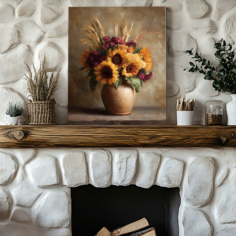 Autumn sunflower and wheat bouquet canvas wall art in terracotta clay vase, farmhouse still life for hallway, earthy palette