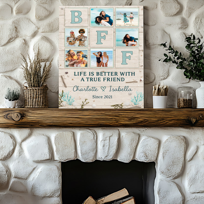 Best Friend Forever photo collage canvas wall art with weathered wood look and blue tones, custom names and dates