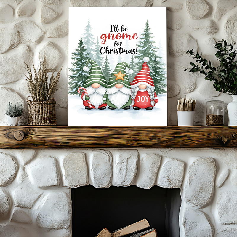 Christmas gnomes canvas wall art for festive farmhouse hallway decor, rustic winter charm with cozy, weathered look