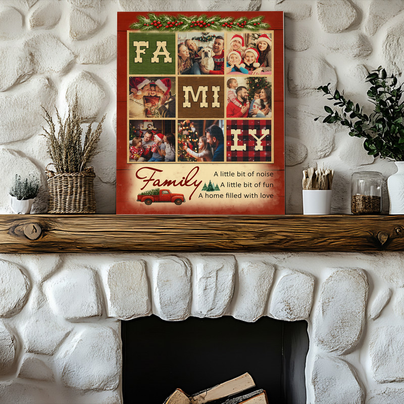 Rustic farmhouse family photo collage canvas with heart-shaped photo grid, personalized family quote, weathered gray wood, living room wall decor