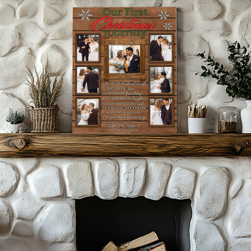 Our First Christmas Together photo collage canvas, custom names and wedding date for a couple’s first anniversary