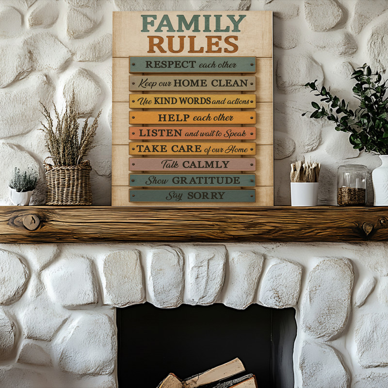 Family rules canvas print, rustic neutral wall decor for living room, landscape layout with bold headings and script accents