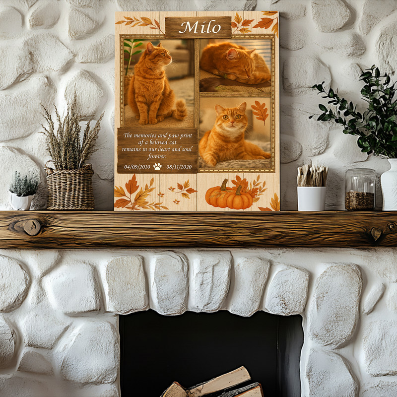 Farmhouse cat memorial canvas art, portrait layout, custom photo collage with autumn palette; sympathy gift for pet lovers