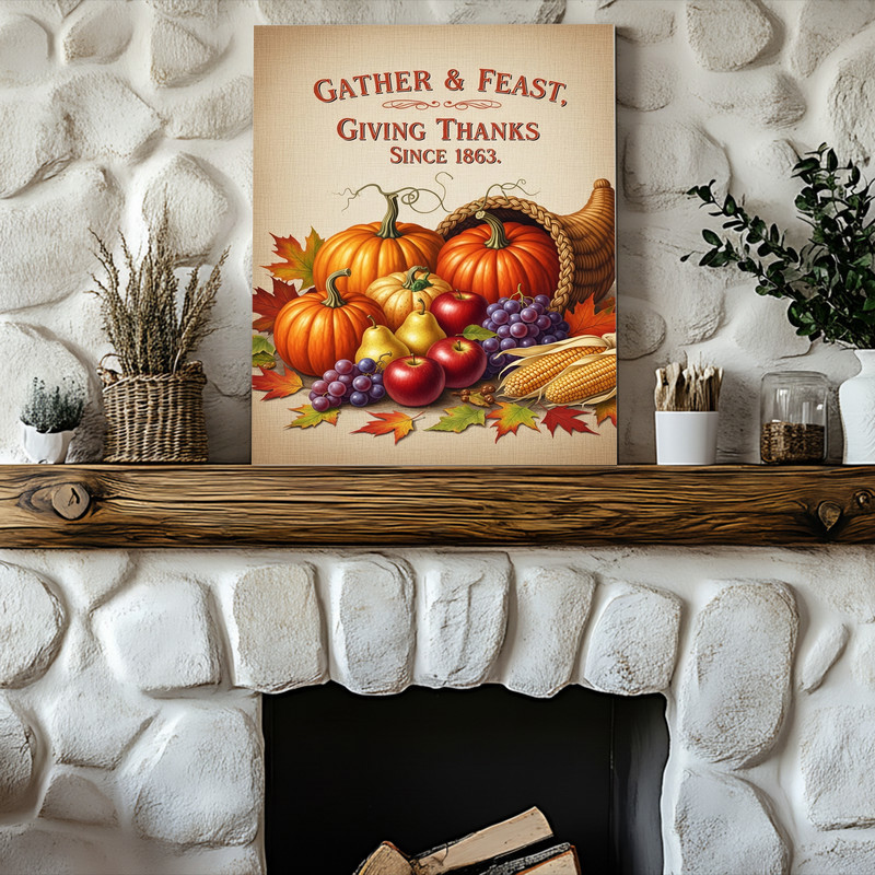 Farmhouse cornucopia canvas wall art for hallway, portrait with cream background and 'Gather & Feast In Style' lettering