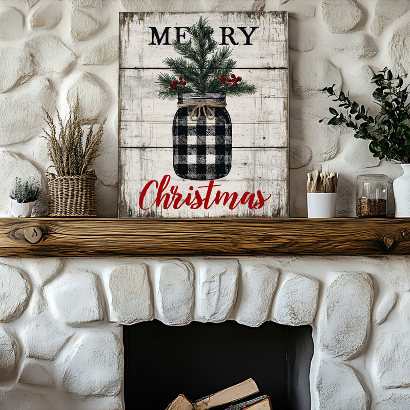 Farmhouse pine tree Christmas canvas wall art, rustic evergreens on neutral background, portrait for foyer entryway decor