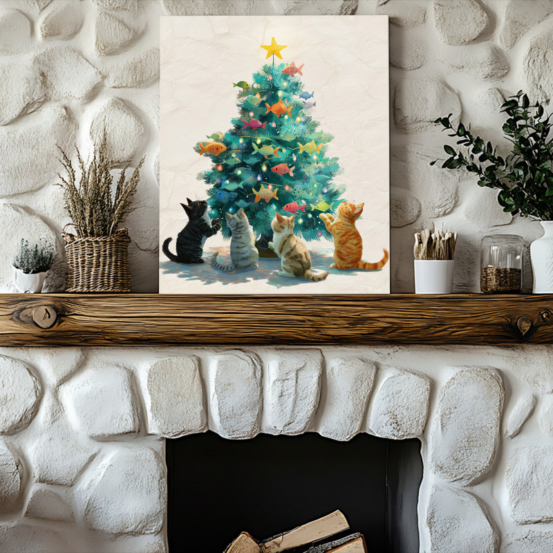 Christmas tree with curious kittens canvas wall art, charming festive cat scene for entryway wall decor and seasonal cheer