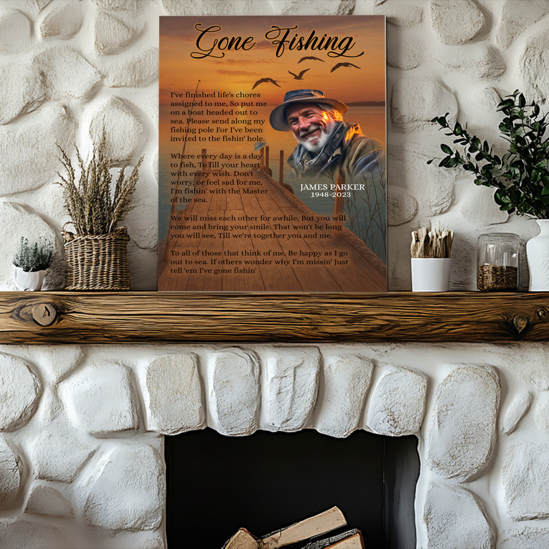 Fishing memorial canvas wall art with custom photo and name, a heartfelt tribute for living room memorial display