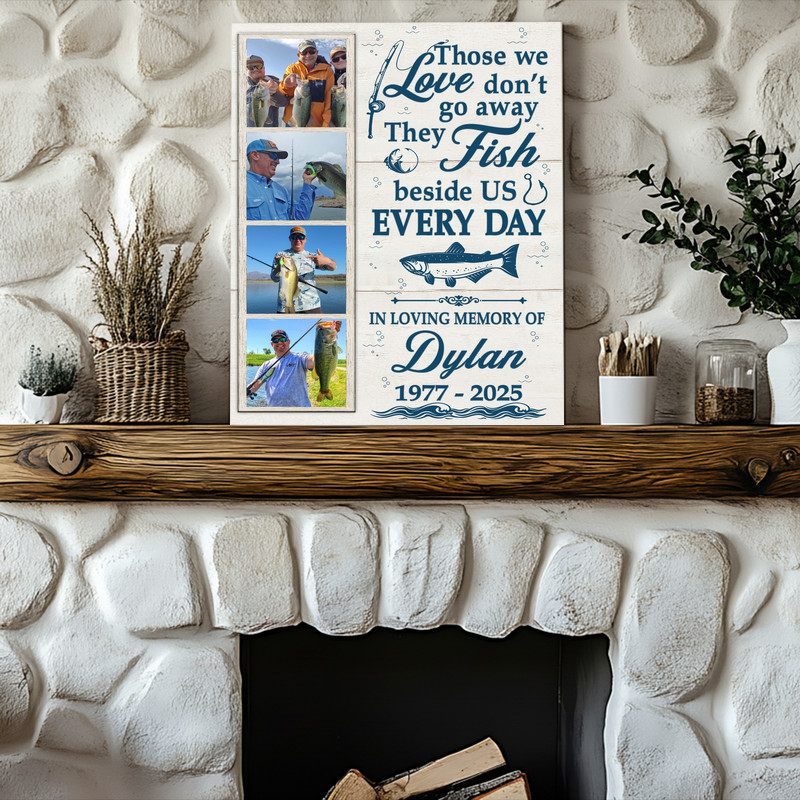 Fishing memorial canvas wall art, personalized three-photo collage, rod and hook graphics, custom names and dates, navy watercolor background