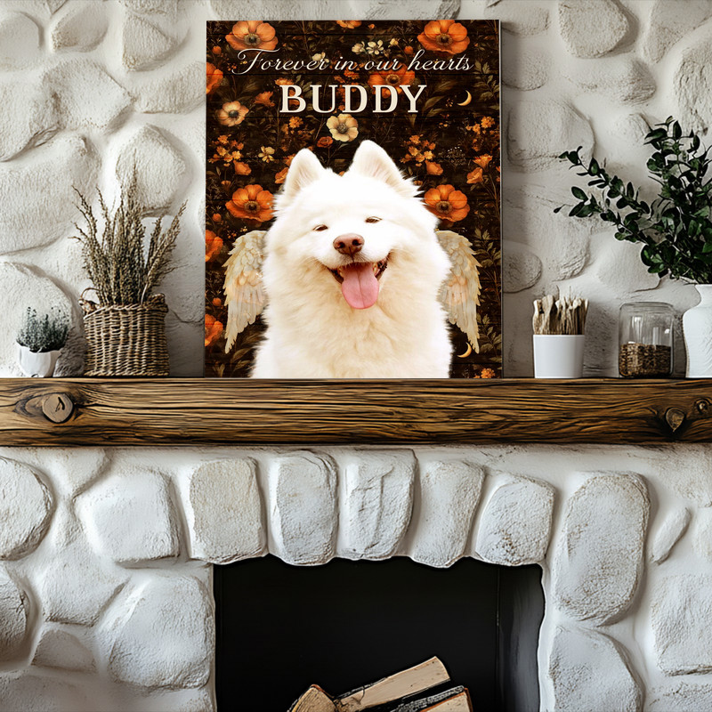 Dog remembrance canvas wall art, fall style, "Forever In Our Hearts", personalized with name and years, sympathy gift.