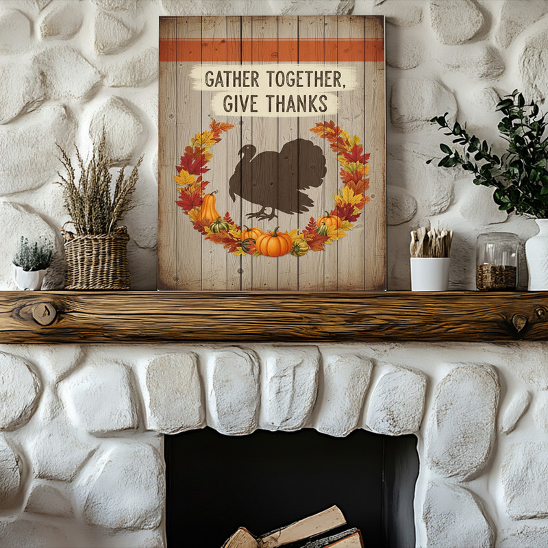 Gather Together Give Thanks canvas wall art, neutral rustic design for hallway or foyer, welcoming Thanksgiving home accent