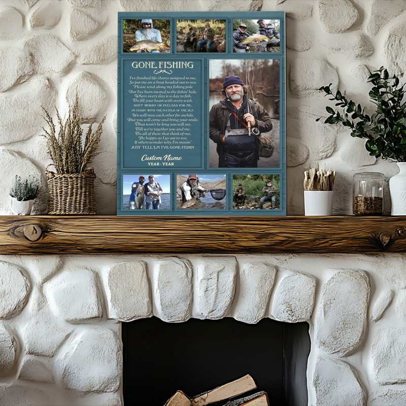 Gone Fishing memorial canvas wall art, personalized 4-photo grid in clean navy minimalist style with fish hook icon, name and dates