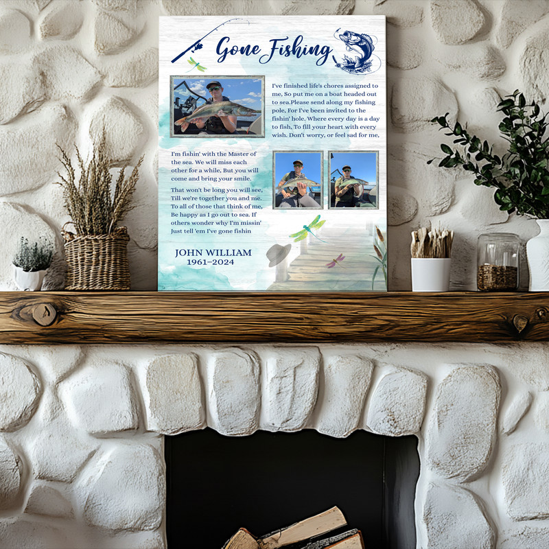 Gone Fishing memorial canvas wall art, five-photo collage over lake scene with boat, custom text, sympathy gift honoring Dad