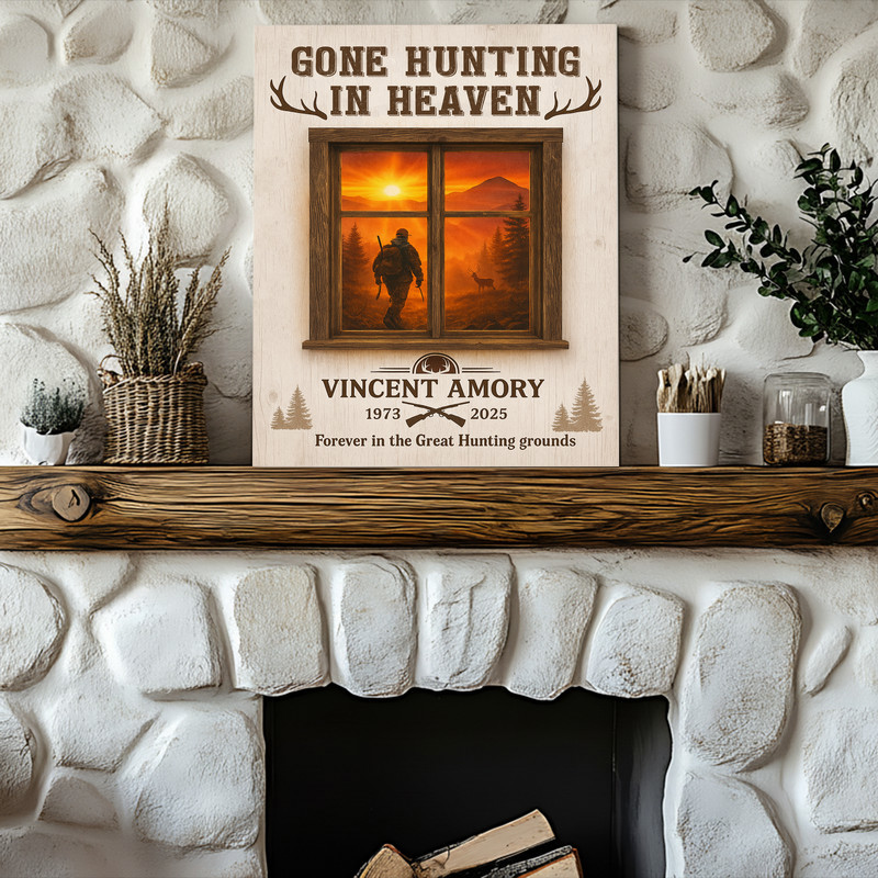 Memorial hunting canvas wall art with barnwood background, antlers and cross, custom names and dates, rustic decor for cabin