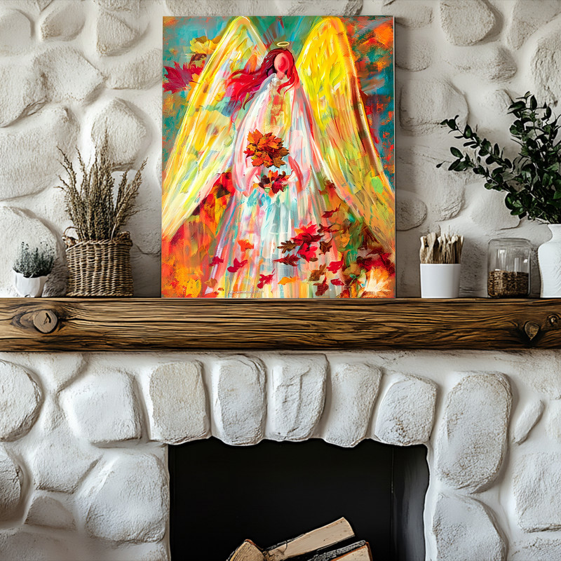 Harvest autumn angel canvas wall art, gold halo and rust-toned leaves, vertical spiritual painting suited for hallway