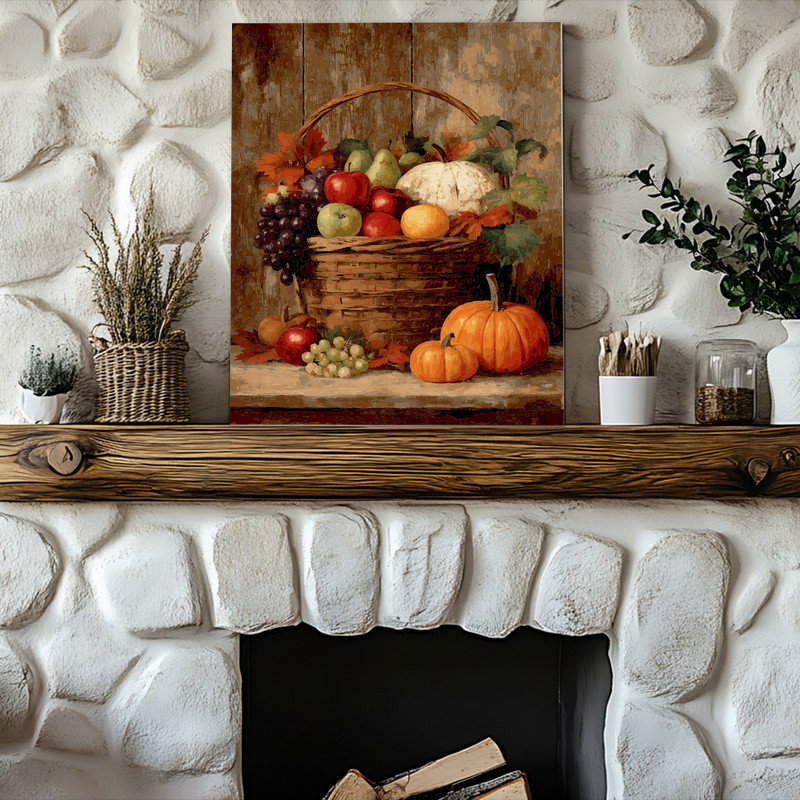 Autumn harvest still life canvas wall art with wicker basket, apples, pears, pumpkins; soft lighting for cozy hallway decor