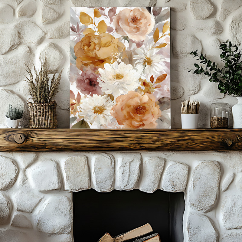Fall floral canvas wall art with loose watercolor strokes in marigold and burgundy, modern farmhouse accent for entry hall