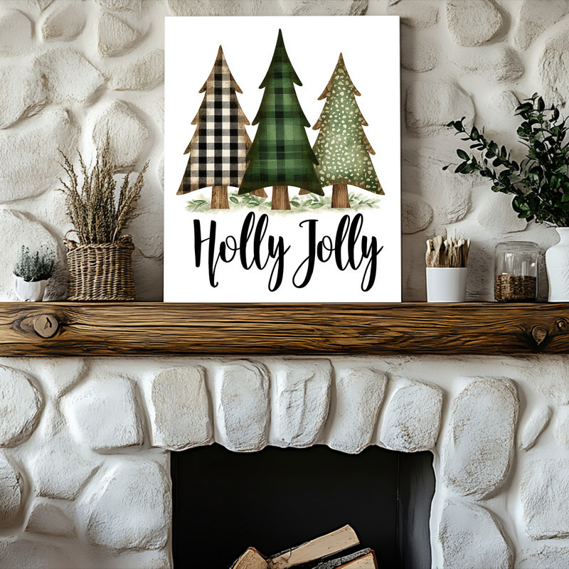 Holly Jolly rustic pine trees canvas wall art, neutral green palette, farmhouse hallway accent, minimalist Christmas style