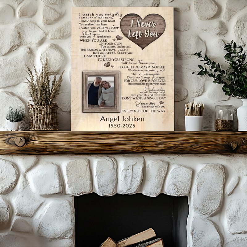 Memorial canvas wall art gift, personalized photo frame print with I Never Left You poem to honor a departed loved one