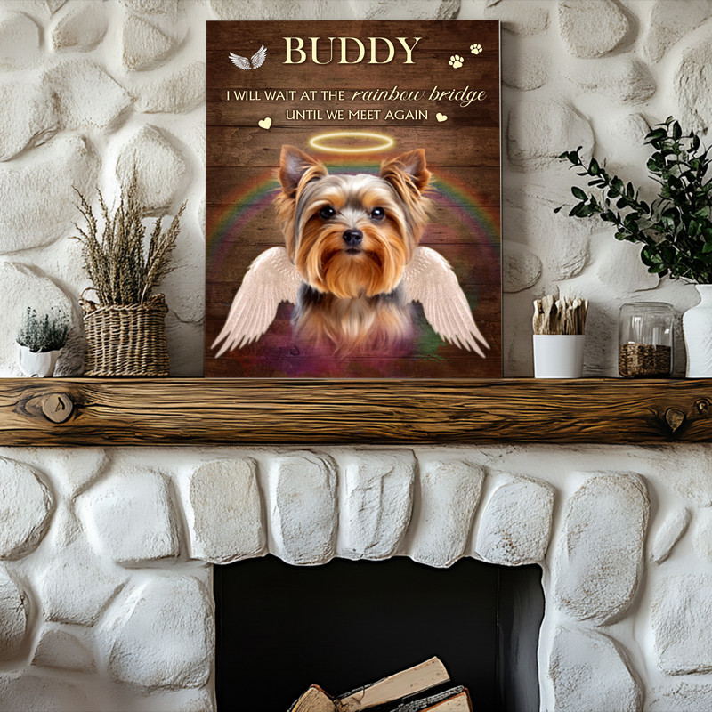 Angel wings dog memorial canvas wall art, watercolor-style pet portrait with halo, neutral beige background, vertical layout Angel wings dog memorial canvas wall art, watercolor-style pet portrait with halo, neutral beige background, vertical layout