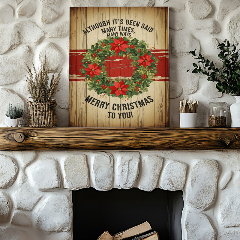 Traditional Christmas wreath canvas wall art featuring “Merry Christmas To You” lettering, classic red and green palette, gift for family