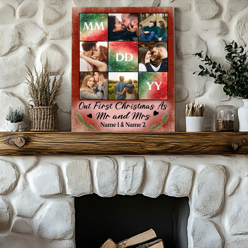 Our First Christmas as Mr & Mrs canvas wall art, portrait photo collage, names, date with holly on rustic wood Our First Christmas as Mr & Mrs canvas wall art, portrait photo collage, names, date with holly on rustic wood