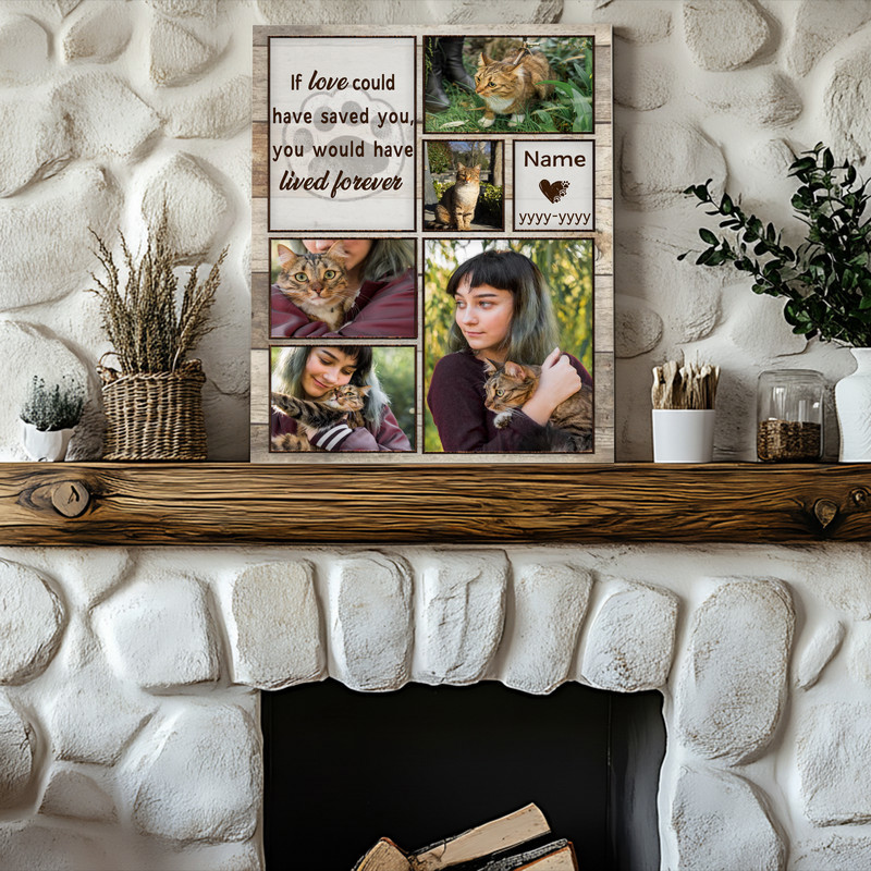 Cat memorial canvas print photo collage for wall decor, personalized with photos, name and dates, portrait orientation