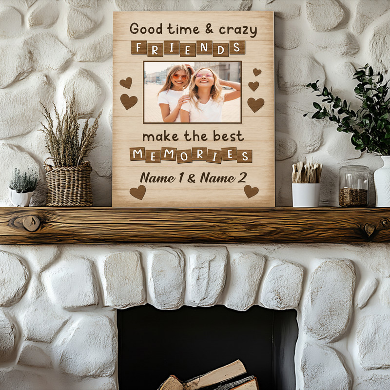 Best friends canvas print, rustic farmhouse style photo wall art keepsake, meaningful birthday gift to celebrate your bond.