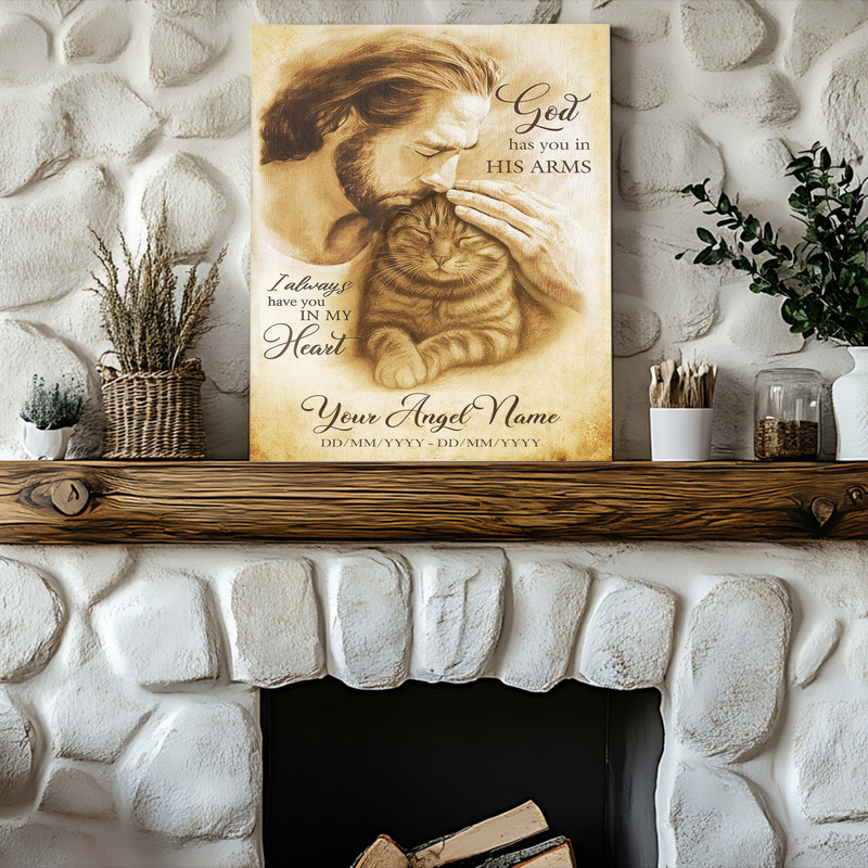 Cat memorial canvas, 'God Has You In His Arms' quote, personalized name and date, minimalist black background, landscape Cat memorial canvas, 'God Has You In His Arms' quote, personalized name and date, minimalist black background, landscape