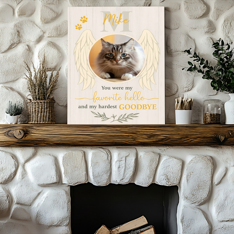 Cat remembrance canvas wall art with angel wings and custom pet photo; thoughtful sympathy gift for loss of a beloved kitty