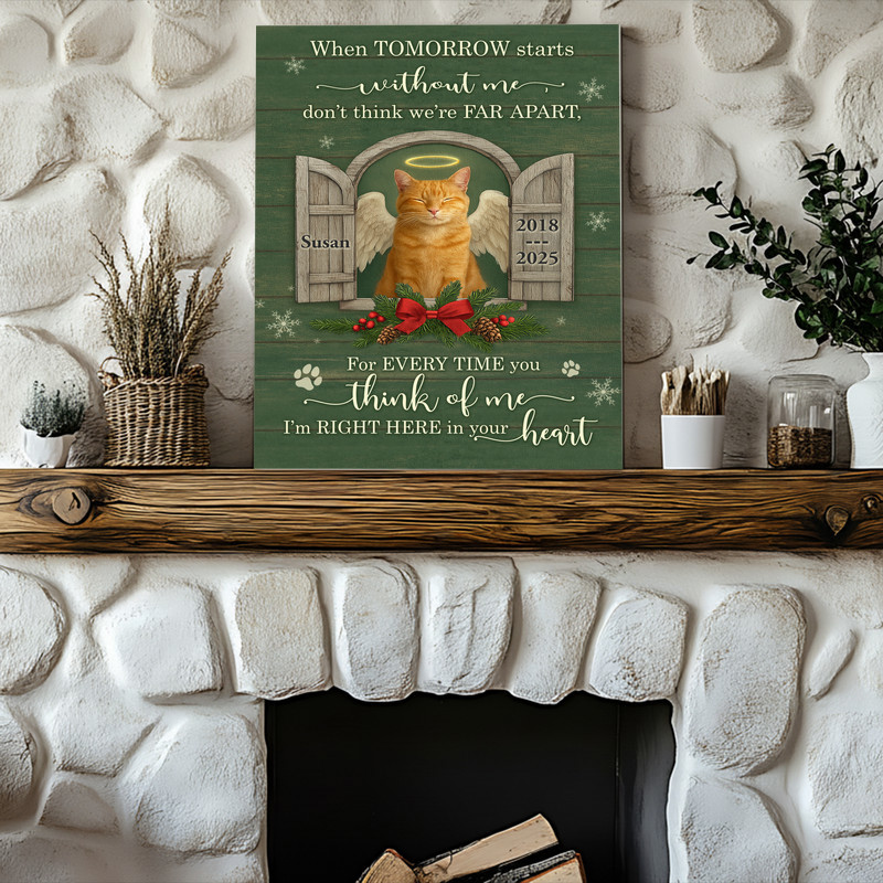 Cat memorial Christmas angel canvas wall art, vertical layout with red plaid accents, personalized name, farmhouse remembrance.