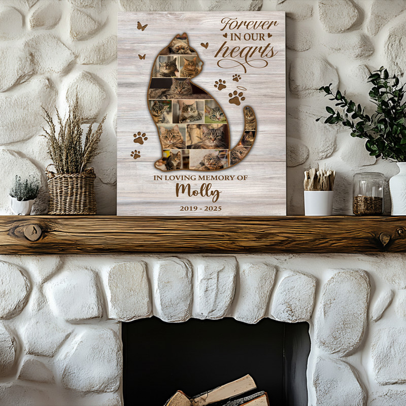Cat memorial photo collage canvas in portrait layout, custom photos, name and dates, pet loss remembrance for wall display
