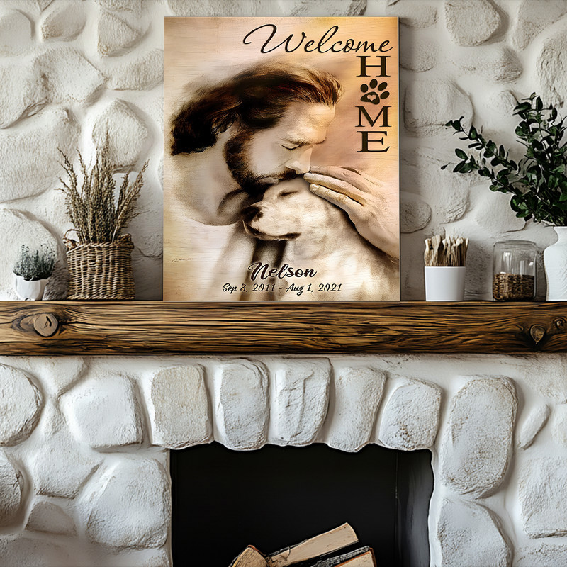 Christian dog memorial canvas wall art showing Jesus welcoming pets, portrait, custom name and dates, living room decor