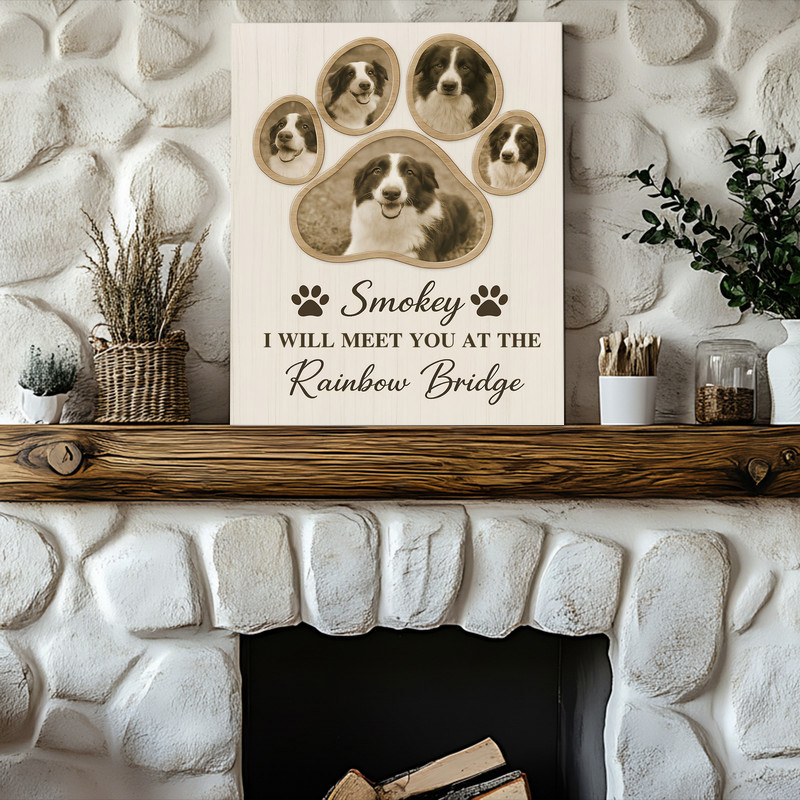 Dog memorial paw print canvas, landscape farmhouse wall art with paw-print photo grid, personalized with name, dates, photos Dog memorial paw print canvas, landscape farmhouse wall art with paw-print photo grid, personalized with name, dates, photos
