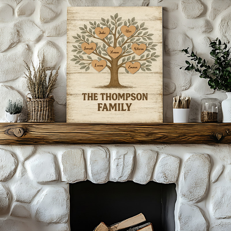 Personalized family tree canvas print with watercolor leaves, muted green tones, horizontal landscape, farmhouse wall art