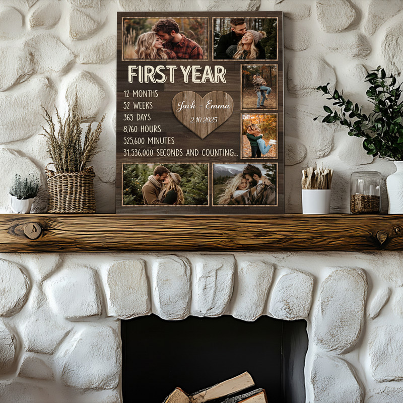 First-year anniversary photo collage canvas, custom couple gift with names and date, neutral farmhouse bedroom wall decor