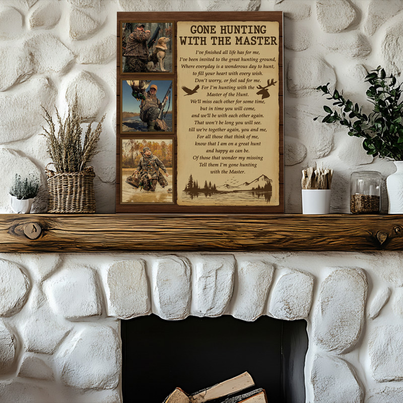Gone Hunting memorial canvas wall art with antler motif and pine forest accents, personalized names and dates, sympathy gift