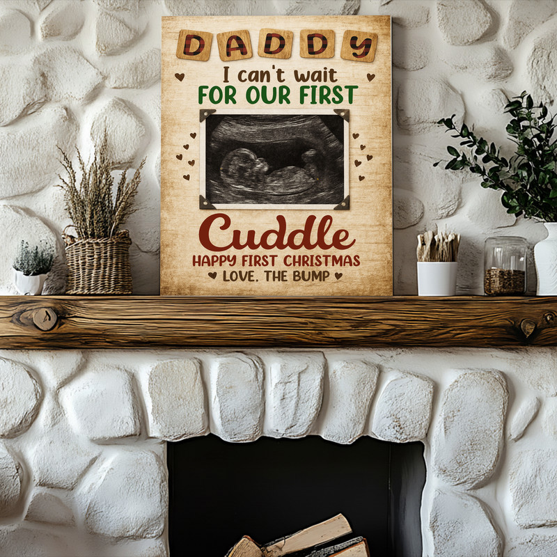 Personalized daddy-to-be gift canvas featuring your baby ultrasound and sweet from-bump message, rustic distressed backdrop