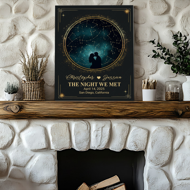 Personalized star map print showing your special night sky, custom names, date, coordinates, romantic bedroom decor