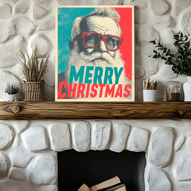 Pop art Santa Christmas canvas wall art in comic panel style with speech bubble, cream background for hallway holiday decor