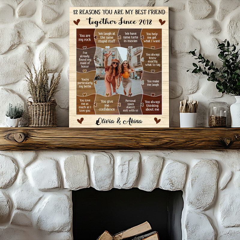 Bestie friendship canvas wall art, custom rustic design listing 12 reasons I love my friend, personalized with names for living room